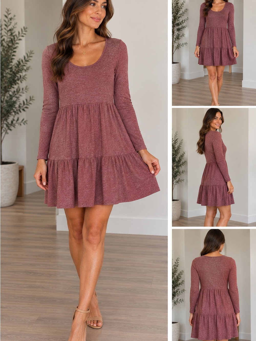 Women’s Long Sleeve Scoop Neck Tiered Dress - Dusty Rose